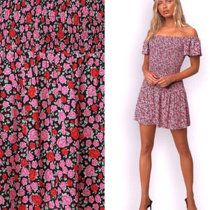 Lulus Off-Shoulder Smocked Mini Dress Ditsy Floral Ruffled Hem Pink Black Small